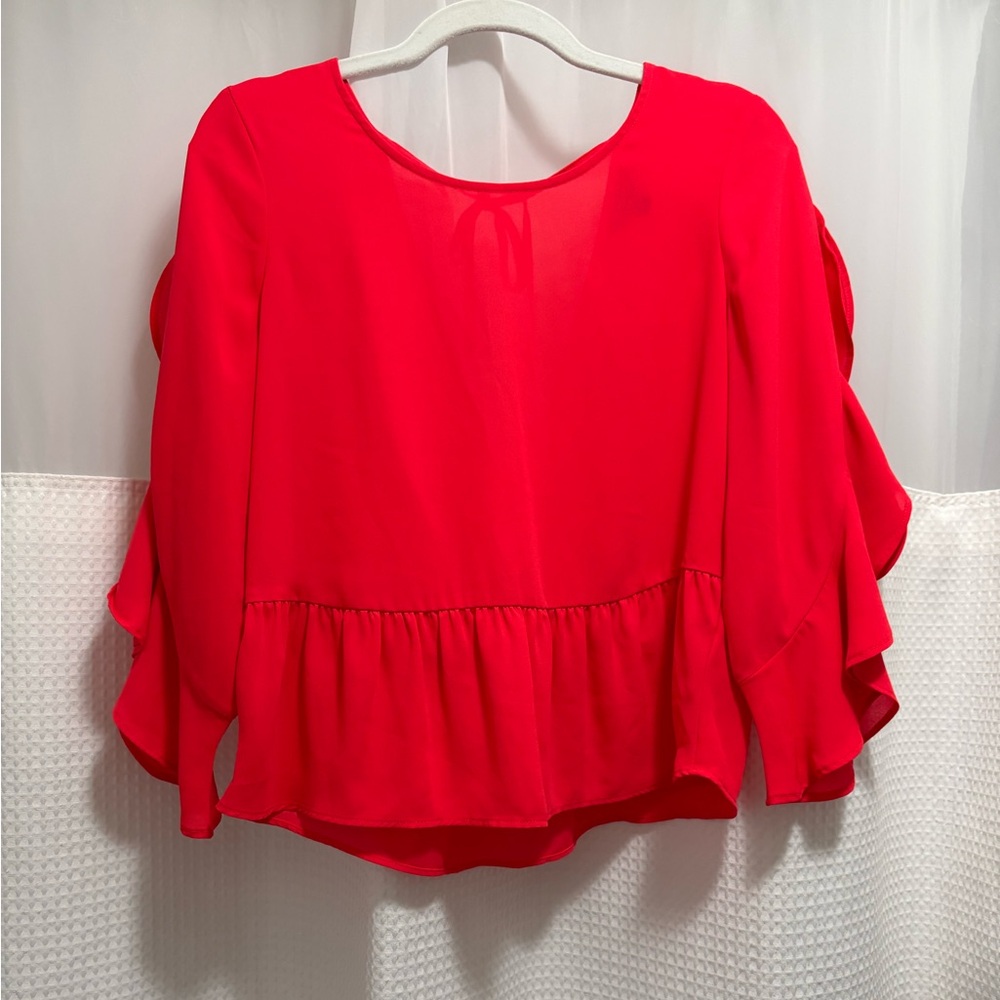 Express Vibrant Coral Blouse with Ruffle Sleeves